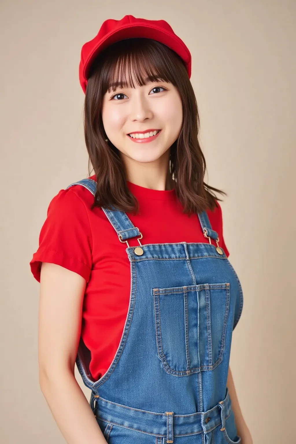 "A portrait of a young Japanese woman wearing a red t-shirt, denim overalls, and a red hat. She has a friendly and confident expression, standing in a natural pose. The background is soft and neutral, highlighting her outfit and cheerful personality."

