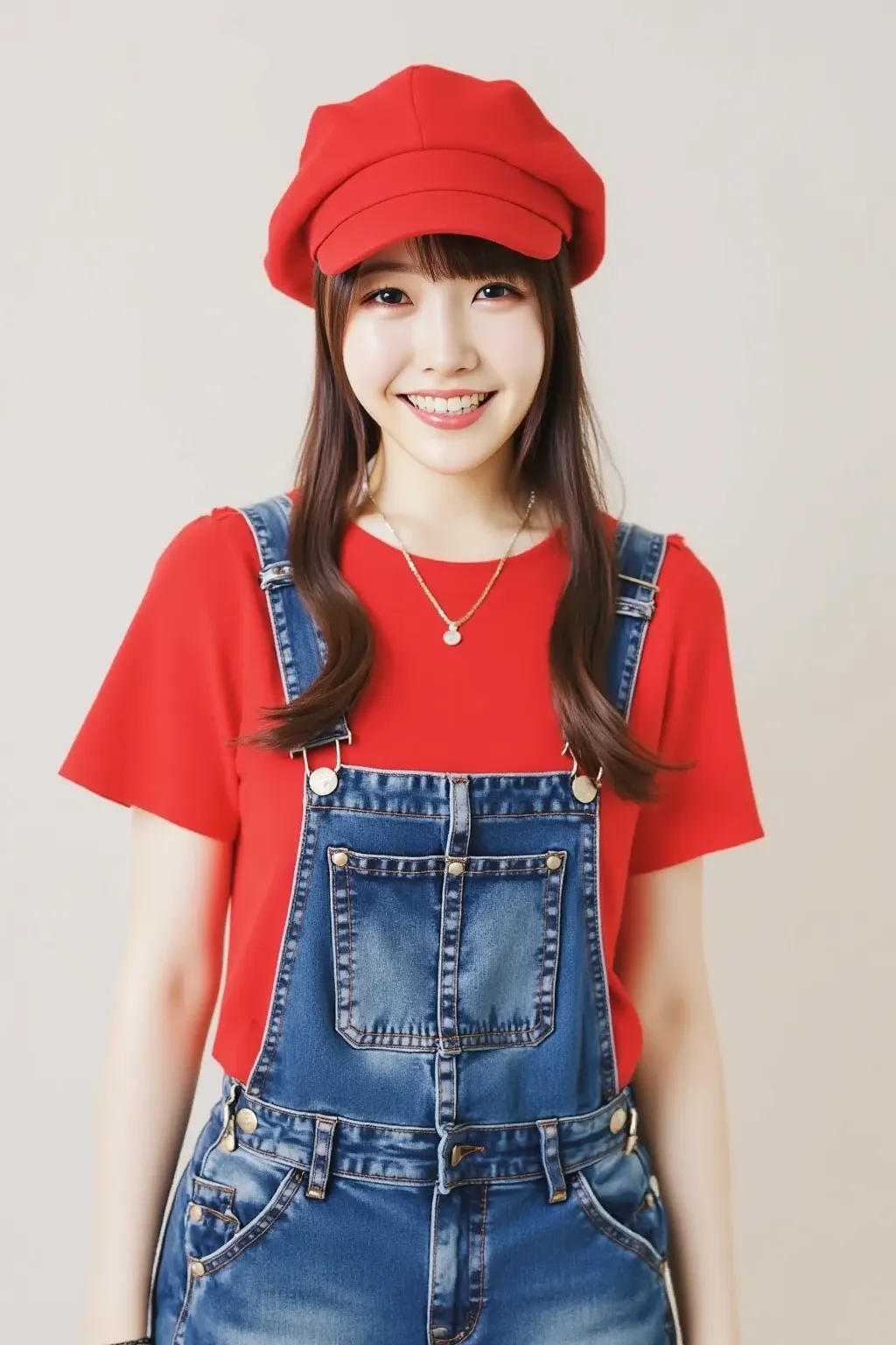 "A portrait of a young Japanese woman wearing a red t-shirt, denim overalls, and a red hat. She has a friendly and confident expression, standing in a natural pose. The background is soft and neutral, highlighting her outfit and cheerful personality."

