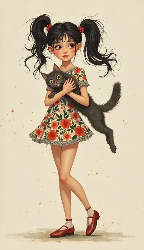 Illustration Girl with 2 pigtails and short floral dress resembling the style of Egon Schiele, with messy and expressive pigtails, while in a dynamic pose, holding a beautiful Norwegian Forest Cat (Wegie)