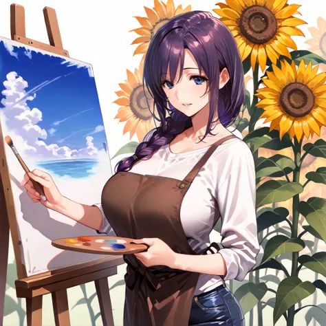 (Masterpiece, Top Quality, Super Detail:1.5),Super High Quality.Precise, Anatomically Correct, 8k, Very Beautiful, One Woman, Solo, Sexy Adult Woman, MILF, Large Breasts, Long Purple Hair, Braided, Single Braided, Hair Over Shoulder, Hair Intrusion, Shiny ...