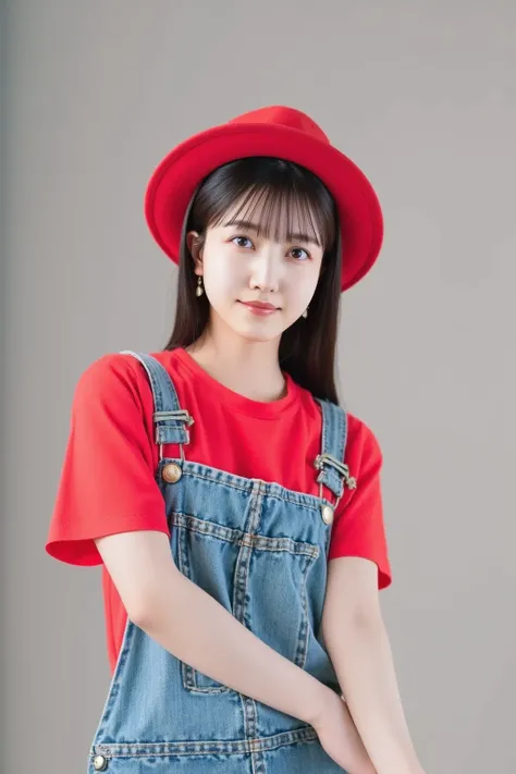 "A portrait of a young Japanese woman wearing a red t-shirt, denim overalls, and a red hat. She has a friendly and confident expression, standing in a natural pose. The background is soft and neutral, highlighting her outfit and cheerful personality."

