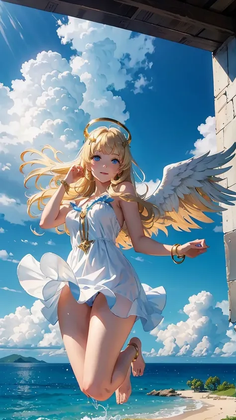 masterpiece, best quality, ultra detailed, AddXL, 1girl, halo, long hair, blunt bangs, blonde hair, blue eyes, medium breasts, angel wings, seductive smile, white sundress, gold bracelet, barefoot, jumping, blue sky, cloud, day, 