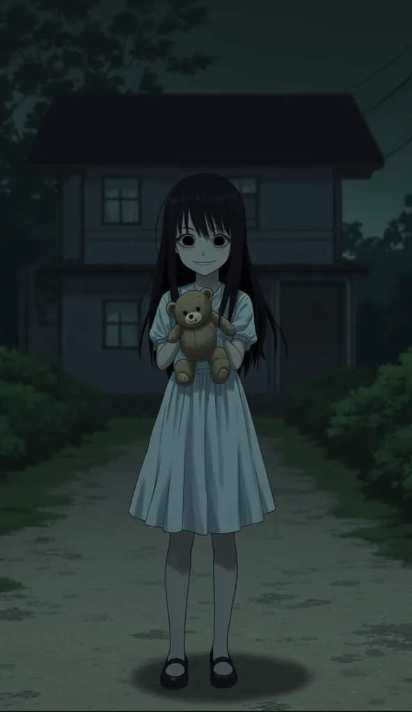 The ghost of a scary smiling girl, , with long black hair, wearing a white dress, no black eyeballs, stands holding an old teddy bear on a wide dirt road. The background is a Thai house, dark night, the atmosphere is like a horror movie. 