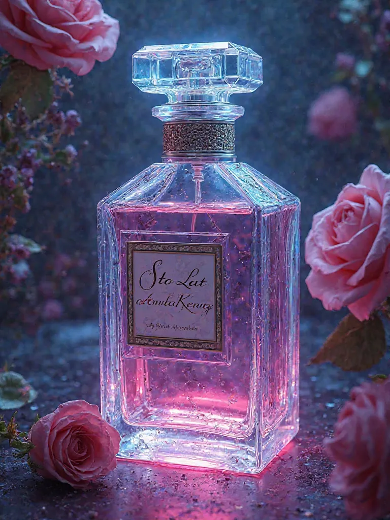 Create image hiperrealistic neon luminous iridescent mangenta large bottle perfume  rose and alkohol corectly inscript name Sto lat  od Anita Kenig