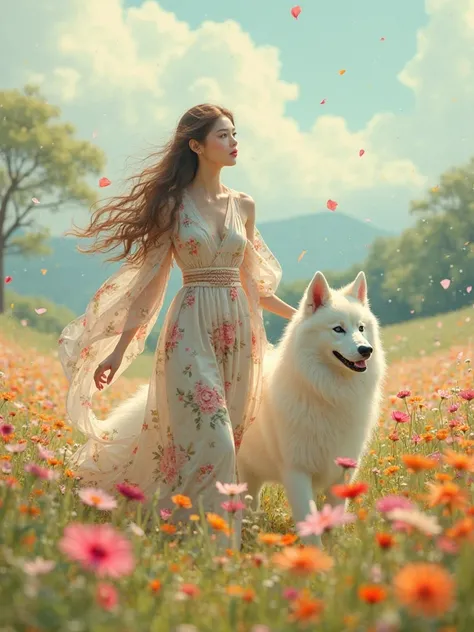 A Japanese woman walking with a white Samoyed dog, a woman with a beautiful face and brown, semi-long hair, runs through a field of flowers　A beautiful dress with a floral pattern