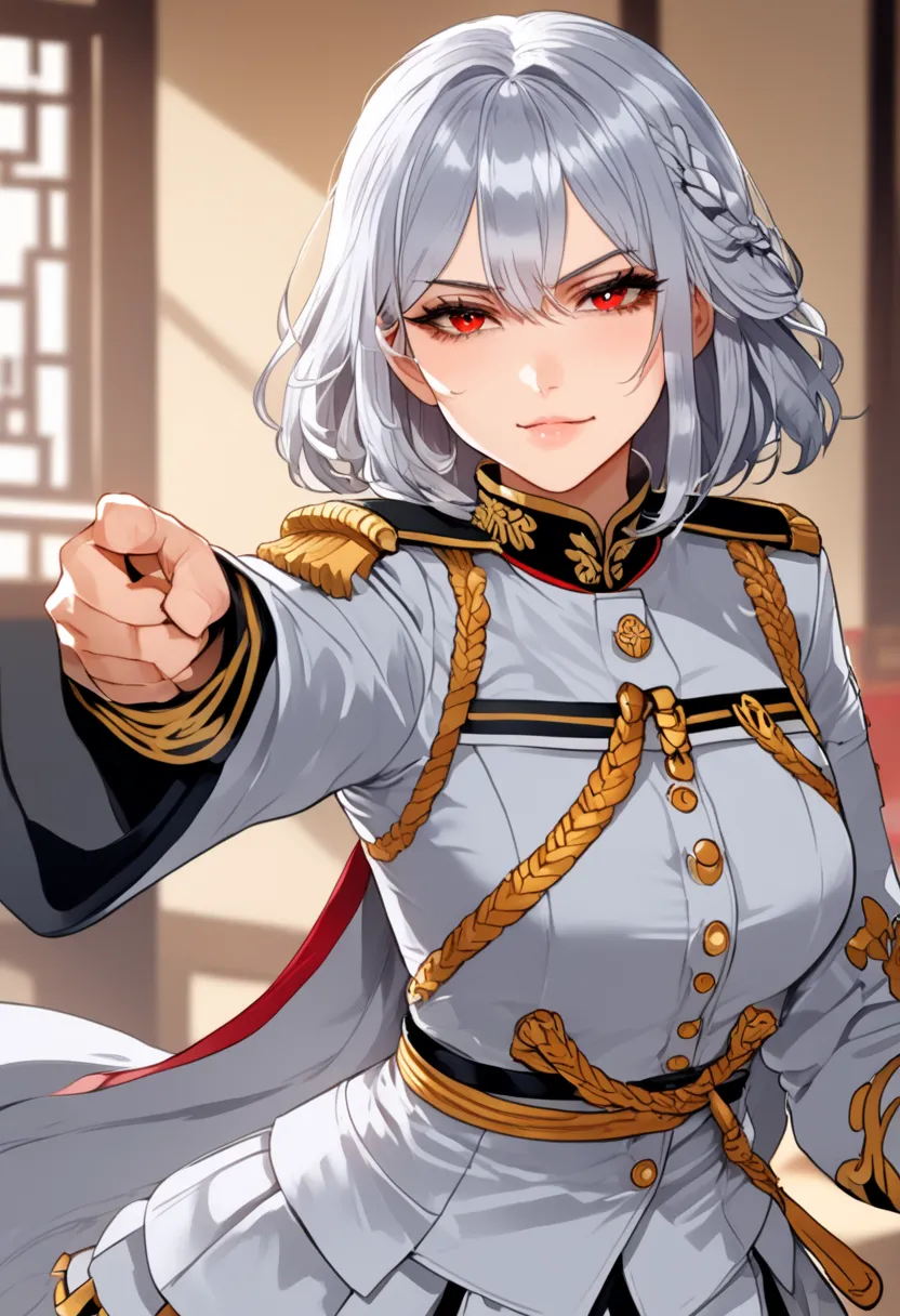 [Shikou] a young woman, human, female, 20, with grey hair, in a fighting pose with a soft smile, red eyes, wearing a commander's uniform