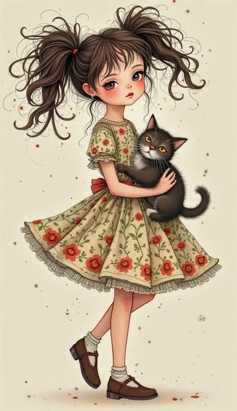 Illustration Girl with 2 pigtails and short floral dress resembling the style of Egon Schiele, with messy and expressive pigtails, while in a dynamic pose, holding a beautiful Norwegian Forest Cat (Wegie)