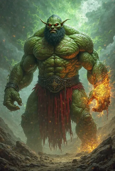 Create a monstrous hybrid entity that seamlessly combines the features of a powerful sorcerer and an unstoppable brute. This creature has the massive, muscular physique of a hulking beast, with green-tinged skin stretched over immense, bulging muscles. How...