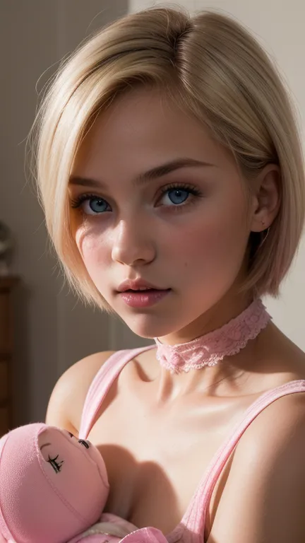 High resolution, AW images, Masterpiece, ((Ultra Detail)),(( Beautiful Art, 18 yo blonde  girl . Full lips. Eyes wide)).  ((Very short hair)),  well-trained body, sweaty skin, choker,  (((pink Baby Doll)))