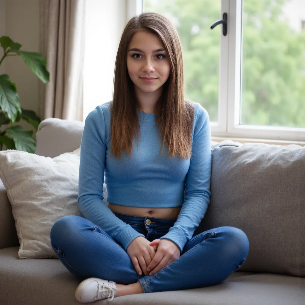 Woman sitting on a sofa. Has a blue sweater on.  and jeans . Sie hat Turnschuhe an Stil Fotorealistisch,  sharp focus, very detailed, sunlight, Detail , Fotoreal,  full body