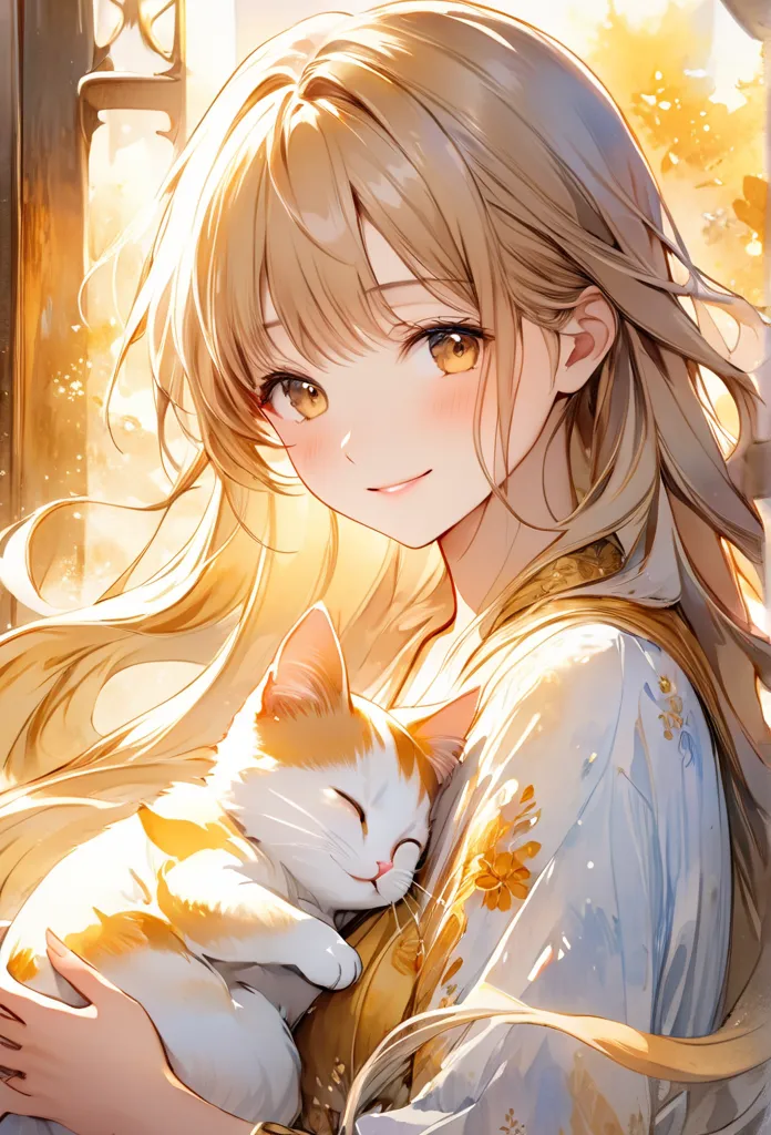 Fair skin、 watercolor illustration、High Resolution、Highest quality、Adorable design 、 holding a cat 、 Gold、long hair、 with a huge smile