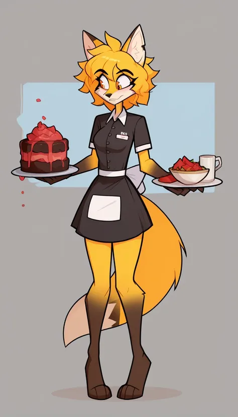 score_9, score_8_up, score_7_up, score_6_up, score_5_up, score_4_up, solo, 1girl, jasmin the orange, by jasminmanticore, fox, yellow fur, orange eyes, waitress uniform, short hair, messy hair, yellow hair, narrow waist, frightened expression,full body