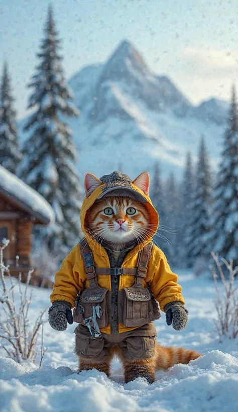 "A yellow cat wears a lumberjack uniform, building a cabin, in a snow-covered forest in Alaska. The setting must be , majestic mountains in the background , under the cold, bluish light of winter, creating a surreal and dynamic scene."