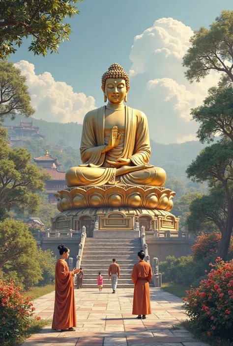 (Best quality, A high resolution, Masterpiece:1.2, In 3D style), A painting depicting a detailed and realistic scene of a serene ancient Chinese temple courtyard. In the center of the image is a giant golden bronze Buddha statue seated gracefully in the lo...