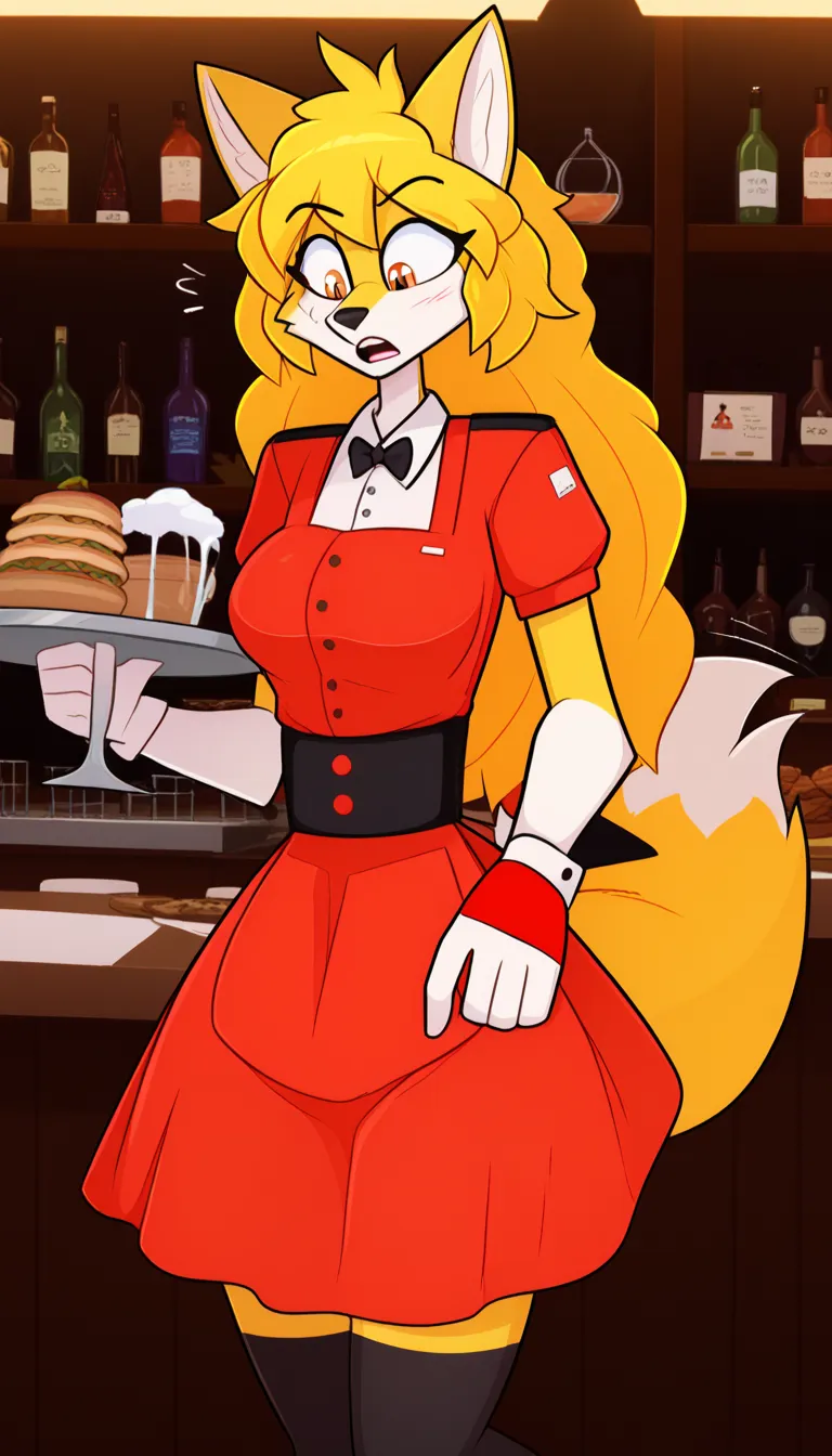 solo, 1girl, jasmin the orange, by jasminmanticore, fox, yellow fur, orange eyes, waitress uniform, short hair, messy hair, yellow hair, narrow waist, frightened expression,full body