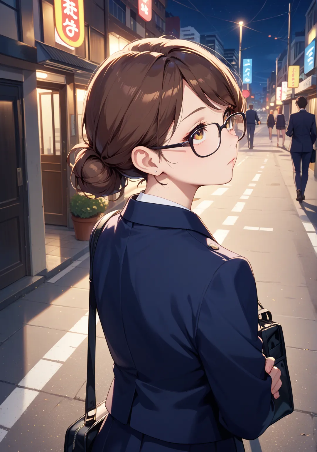 looking up,1 girl,office lady,navy skirt,low bun,brown hair,brown eye,short hair,swept bangs,night,city, Road Ground,Returning Home,walk,navy jacket ,bag, expressionless,Looks sleepy, back view,Glasses,In front of an izakaya,look up far away,looking up