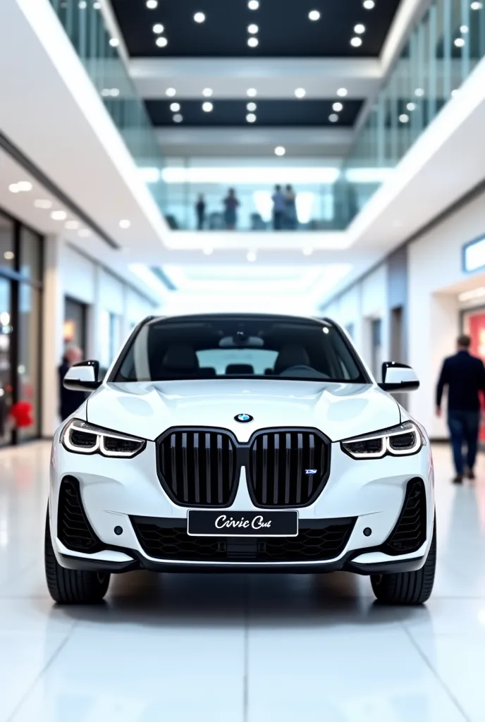 A Photo Of The Front View Of A White 2025 BMW X9 With A Sleek Full Modified Modern Design.The Display Logo Of Honda civic a4 The Car Is Parked On A White Surface.The Background Is A Shopping Mall With White Lights.The Photo Reveals The Luxurious Interior.T...