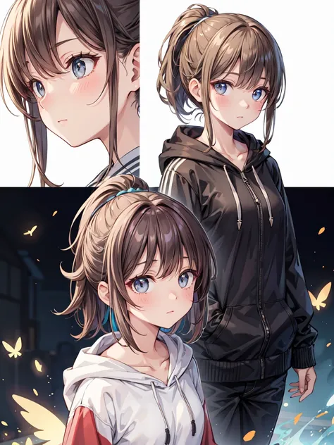  One Woman , textured skin, ponytail, brown hair,shiny hair,  hair over ears , droopy eyes, gradation colored eyes,  take off the hood,  expressionless, overexposure,  light/dark method, gray hoodie,Fairies Are Flying , defenseless, high detail, UHD illust...