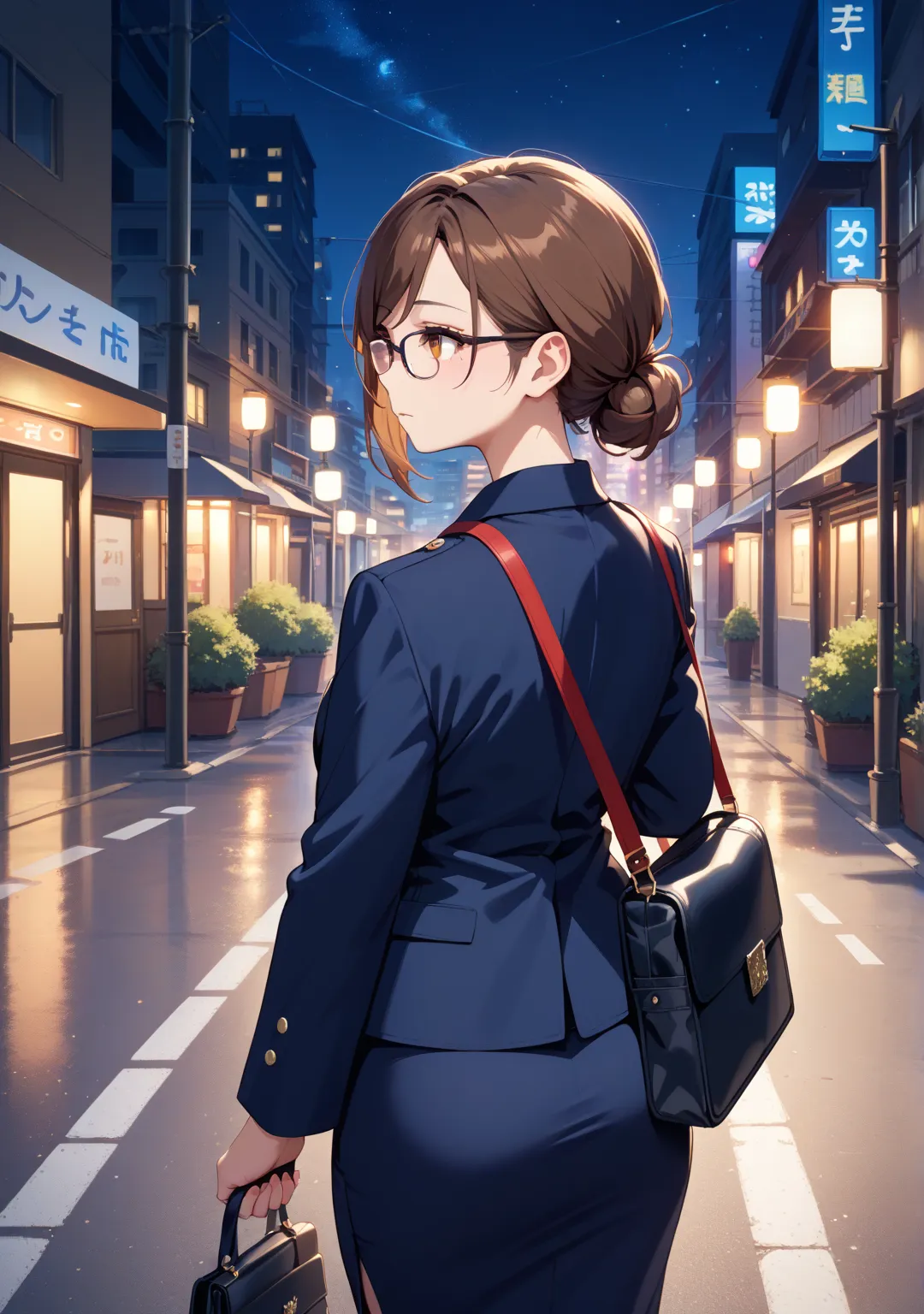 Long shot,1 girl,office lady,navy skirt,low bun,brown hair,brown eye,short hair,swept bangs,night,city, Road Ground,Returning Home,walk,navy jacket ,bag, expressionless,Looks sleepy, back view,Glasses,In front of an izakaya,look up far away,looking up