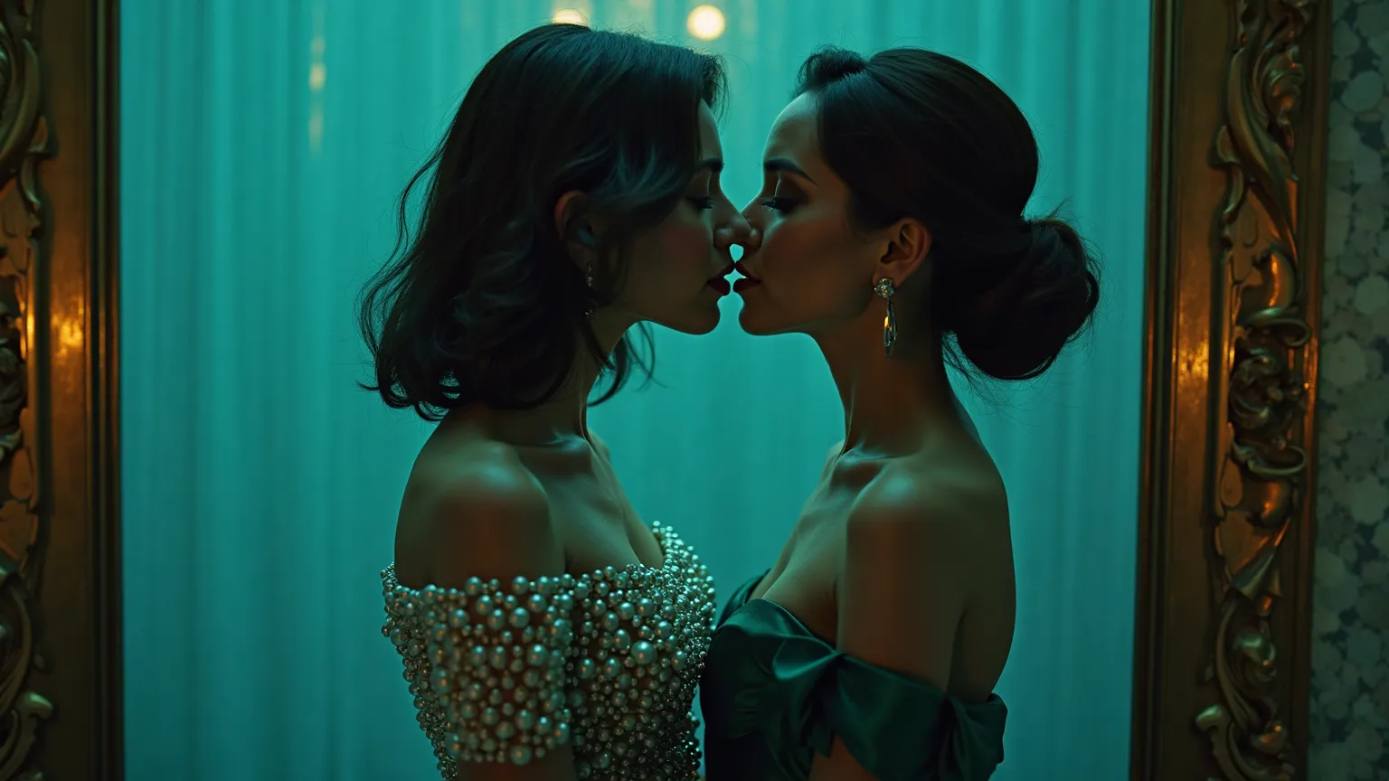 Two glamorous women lean in close, their lips inches apart as they exchange a whispered secret backstage. One wears a futuristic pearl-adorned corset, the other a deep emerald satin dress. A gilded mirror reflects their silhouettes. Soft neon glow, cool bl...