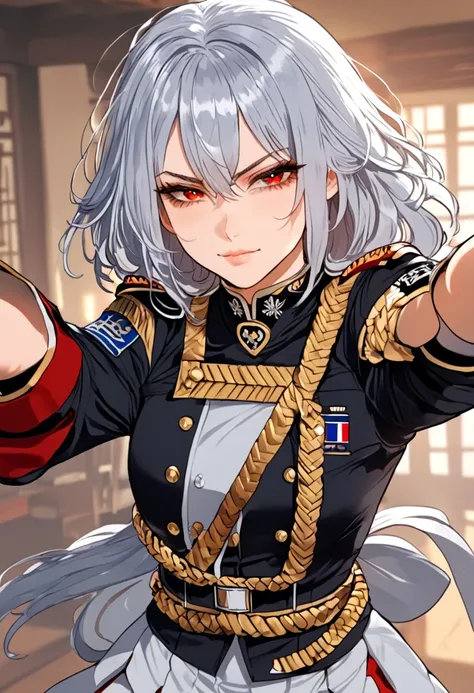 [Shikou] a young woman, human, female, 20, with grey hair, in a fighting pose with a soft smile, red eyes, wearing a commander's uniform simple