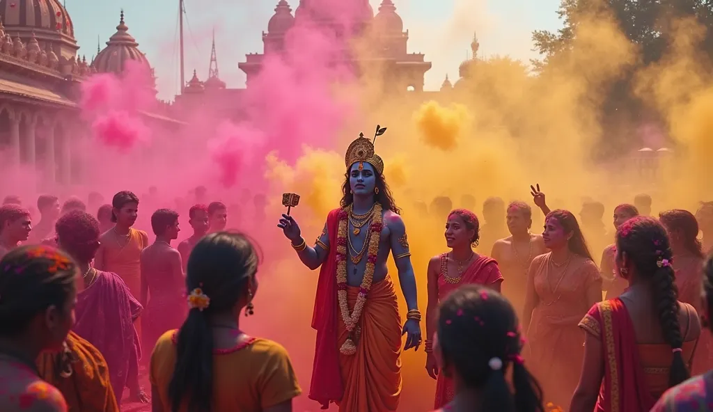 Generate in cinematic style A divine scene of Vrindavan during Holi, where Lord Krishna and Radha are surrounded by joyful devotees covered in vibrant colors. The air is filled with swirling pink, yellow, and blue hues as people sing, dance, and celebrate ...