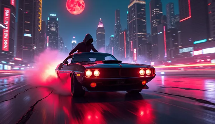 A futuristic, high-speed chase through a neon-lit cyber city at midnight. A shadowy figure, face hidden under a hood, rides a sleek, jet-black muscle car with glowing red underglow, leaving a trail of fire and smoke. Police sirens flash in the distance, bu...