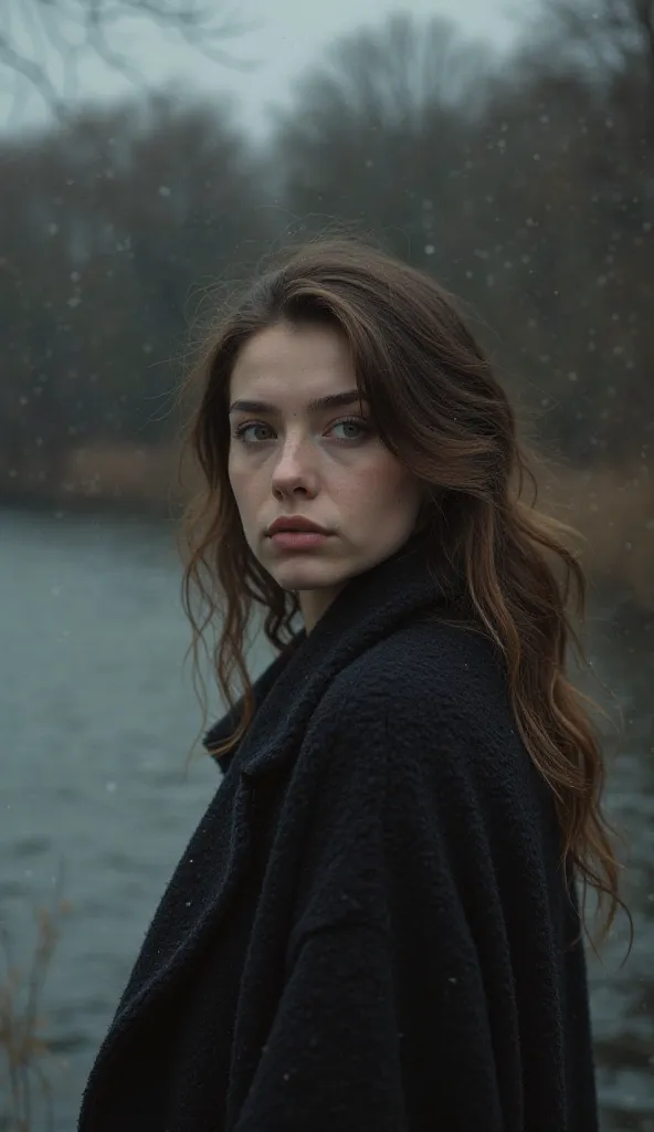 Jeune femme 20 ans qui se tient debout sur un pont avec en arrière plan une rivière, the background is rather dark but you can see the details, Size of 1,60 meters {x} 60 meters long hazel eyes, elongated face, fine nose and luscious mouth with a mysteriou...