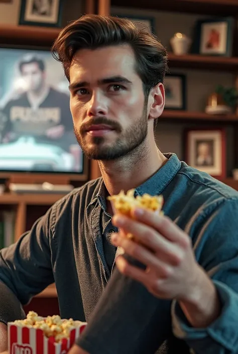 I want you to make a picture of this guy eating popcorn while watching a protest on tv