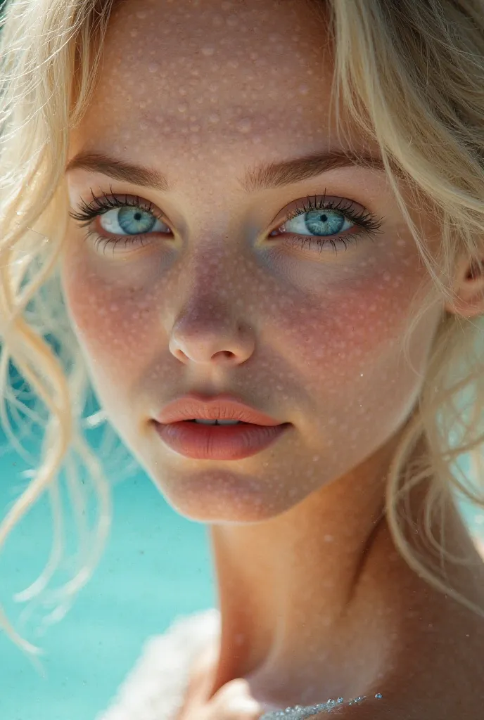 Pretty blonde woman with blue eyes that look like two swimming pools 