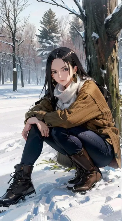 boa hancock (\one piece\), long hair black, eyes blue (1girl), winter outfit, black winter boots, wool winter sweater, earrings , snow, trees with snow, little close, white scarf, legins pose, high resolution, more details, 8k quality,high resolution, more...