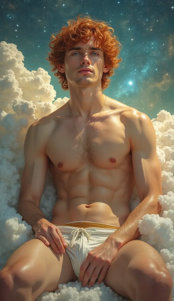 handsome young man of 25 years, Appearance of a Greek god, Face and Body Lamp,  Curly red hair , green eyes, sitting enthroned in clouds and stars, retrato, beauty portrait, radiant skin ,divine expression,magnificent pose, showing off her tight underwear,...