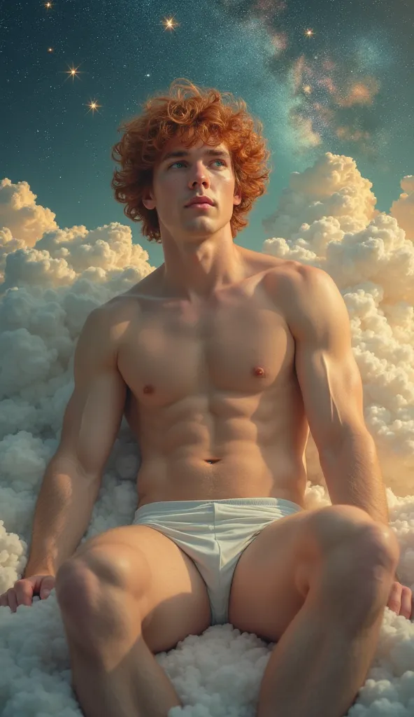 handsome young man of 25 years, Appearance of a Greek god, Face and Body Lamp,  Curly red hair , green eyes, sitting enthroned in clouds and stars, retrato, beauty portrait, radiant skin ,divine expression,magnificent pose, showing off her tight underwear,...