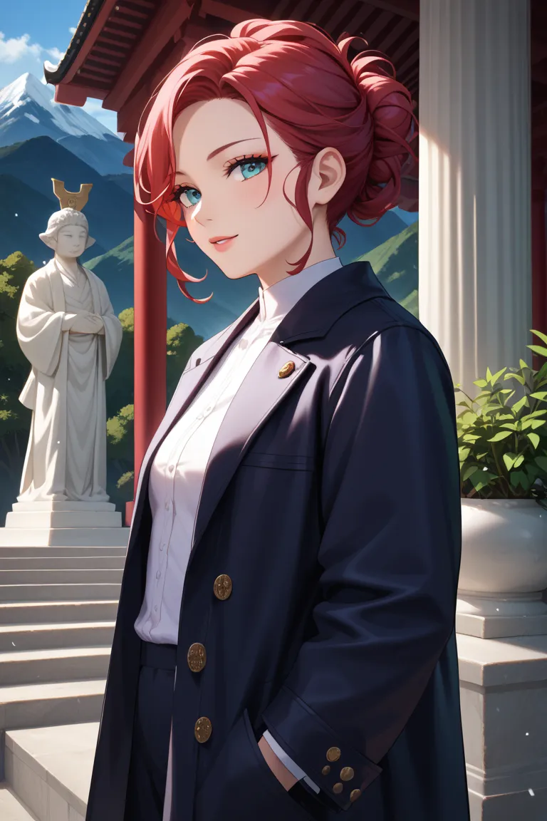 black long coat
shortcuts, red hair,Japanese manga style
The top of the Buddha