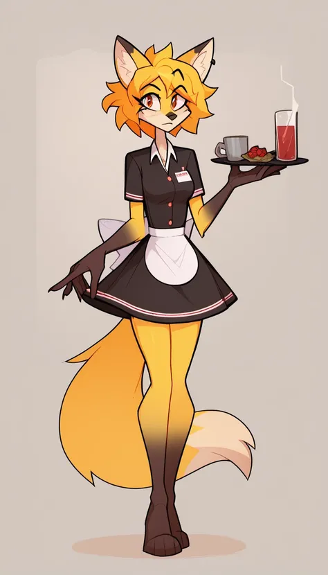 score_9, score_8_up, score_7_up, score_6_up, score_5_up, score_4_up, solo, 1girl, jasmin the orange, by jasminmanticore, fox, yellow fur, orange eyes, waitress uniform, short hair, messy hair, yellow hair, narrow waist, frightened expression,full body, loo...