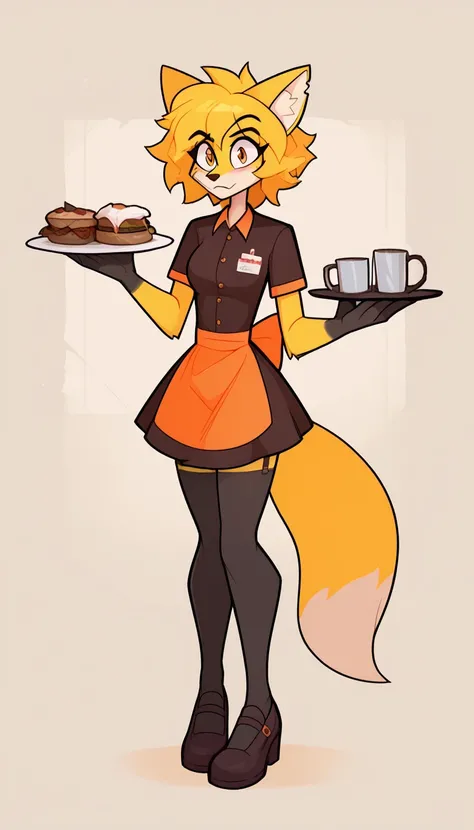 score_9, score_8_up, score_7_up, score_6_up, score_5_up, score_4_up, solo, 1girl, jasmin the orange, by jasminmanticore, fox, yellow fur, orange eyes, waitress uniform, short hair, messy hair, yellow hair, narrow waist, frightened expression,full body, loo...