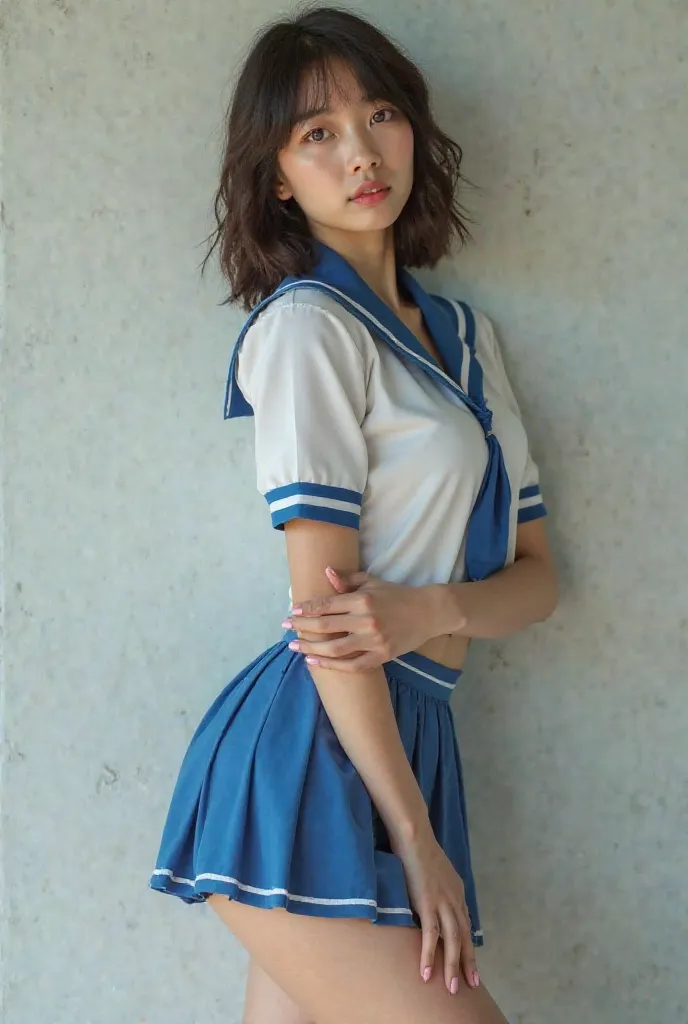 A young Asian woman in her 20s ,wearing a sexy white and blue schoolgirl outfit,Posing like a Playboy model without being vulgar,short hair tips, I don't want defects in the images, perfect body,Sensual photo as realistic as possible.