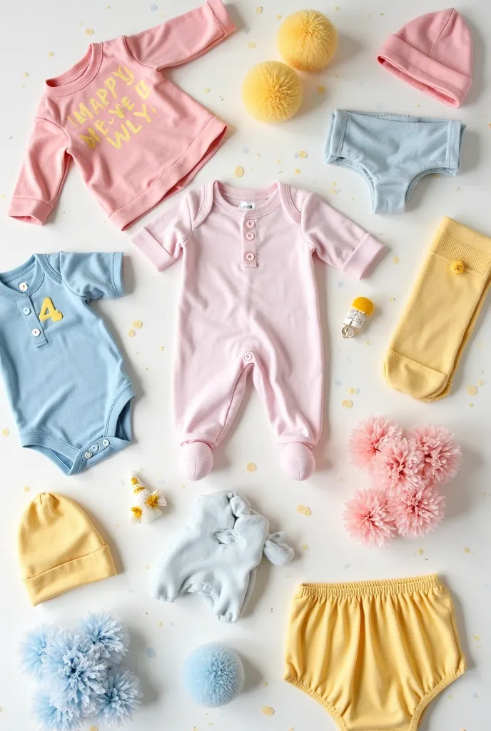 "An image showing a mix of baby clothing, small accessories, and décor in a pastel color palette of soft pinks, blues, and yellows. The items are arranged in a pleasing way to demonstrate the color combination for a perfect monthversary theme."