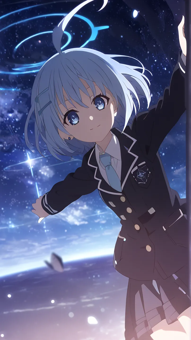 Anime Style, Light blue hair,short hair, ahoge, Blue eyes, Blushes, Smile, Female, Girl, earring, white school shirt, black Jacket,dark blue skirt, HD, Date a live style, Space Background In Earth