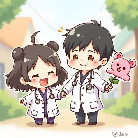 Dr chibi Nam (Black sidepart hair), female chibi doctor holding hands. (Female doctor with one hand holding chibi holding pink loopy bear-shaped flower and the other hand holding male doctor chibi)