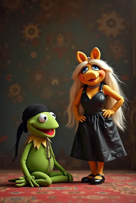 Prompt :

2 personnages du spectacle de marionnettes, 1. Kermit, à genoux sur le sol, le cou avec collier et menottes en chaîne, bandeau noir, visage heureux, 2. Miss Piggy, a coté , debout dans une pose de victoire, parée de cuir noir, balance ses fouets ...