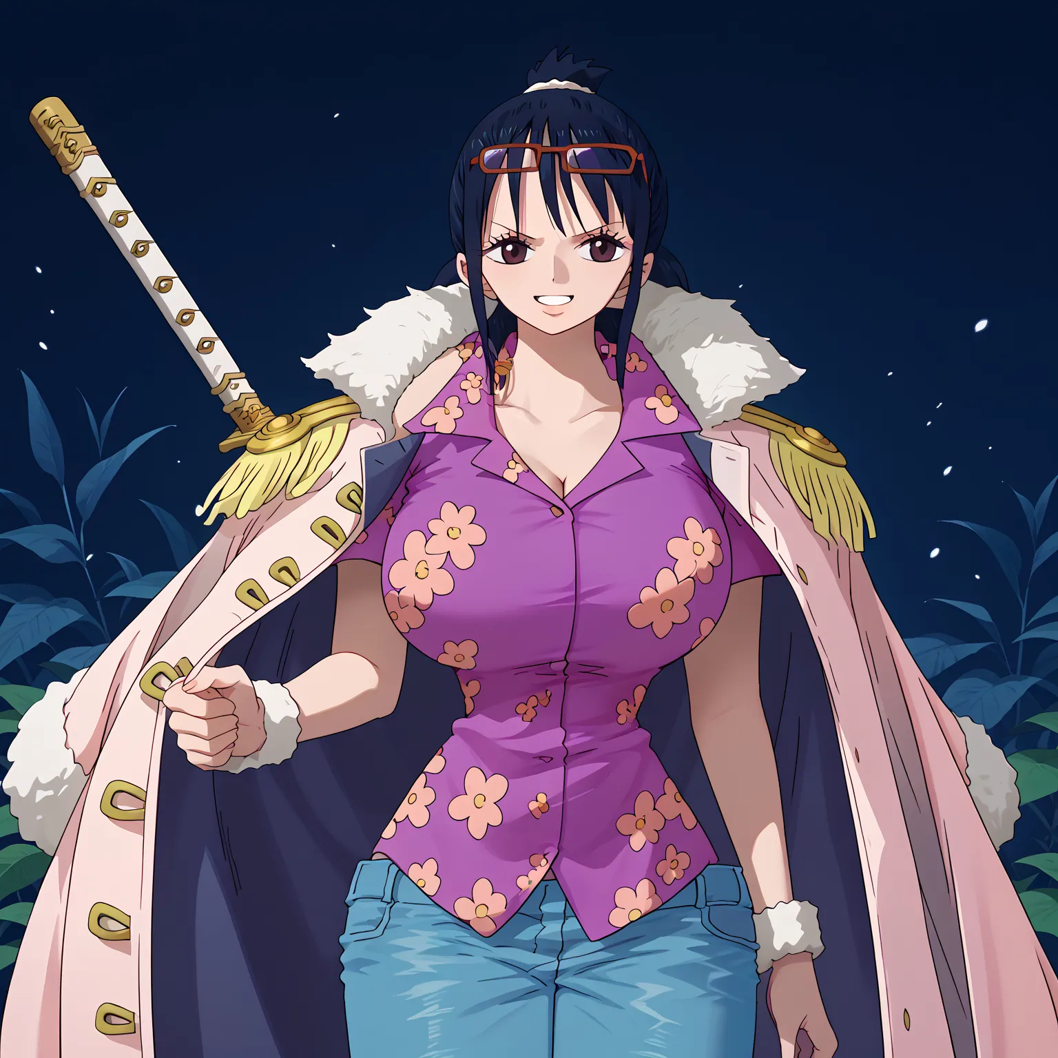 (UHD, retina, masterpiece, accurate, anatomically correct, super detail, high details,   highres, 1080P, 16k、high detail RAW color art:1.3)、 (Tashigi:1.3)、 (long hair、dark　blue　hair、ponytail、bangs:1.3)、(very gigantic breasts:1.3)、(shiny skin:1.3)、(pants, c...