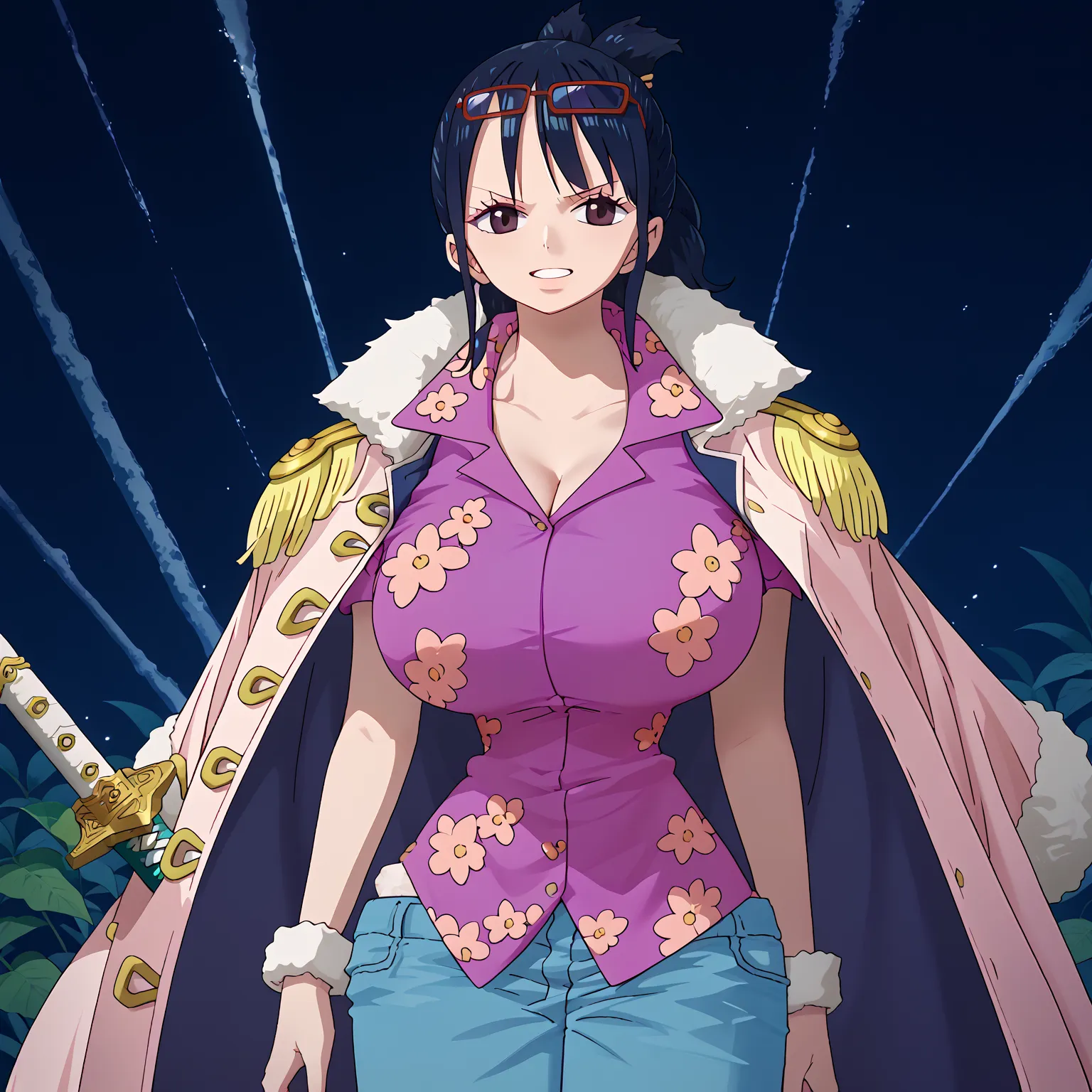 (UHD, retina, masterpiece, accurate, anatomically correct, super detail, high details,   highres, 1080P, 16k、high detail RAW color art:1.3)、 (Tashigi:1.3)、 (long hair、dark　blue　hair、ponytail、bangs:1.3)、(very gigantic breasts:1.3)、(shiny skin:1.3)、(pants, c...