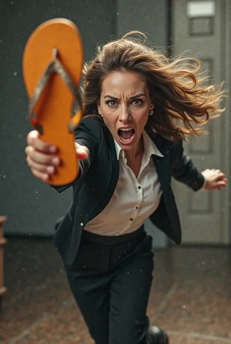 A woman dressed in a blazer throwing a Hawaiian flip flop at someone 