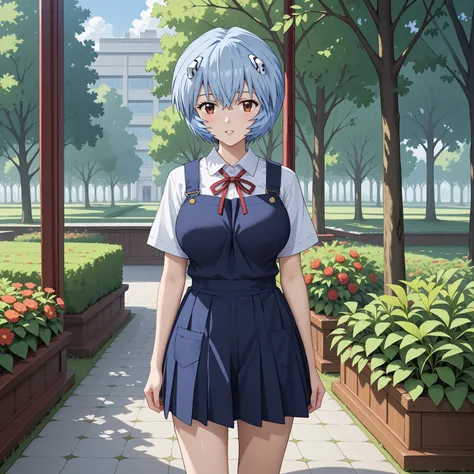 (UHD, retina, masterpiece, accurate, anatomically correct, super detail, high details,   highres, 1080P, 16k、high detail RAW color art:1.3)、 ( Ayanami Rei:1.3)、(short hair、light blue hair:1.3)、(very gigantic breasts:1.5)、(shiny skin:1.3)、(school uniform, t...