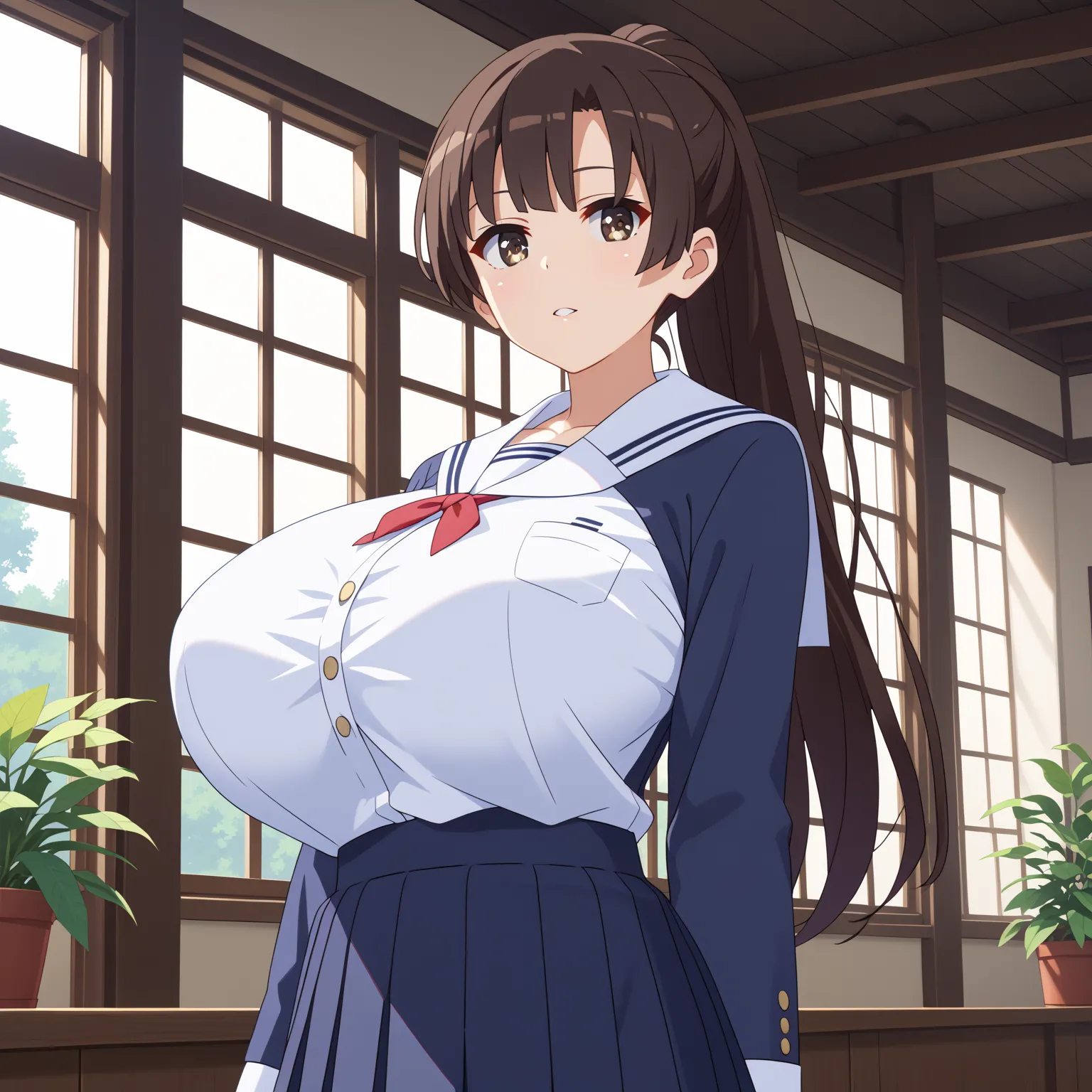 (UHD, retina, masterpiece, accurate, anatomically correct, super detail, high details,   highres, 1080P, 16k、high detail RAW color art:1.3)、 (megumi katou:1.3)、(long hair, ponytail, brown hair, brown eyes:1.3)、(very gigantic breasts:1.5)、(shiny skin:1.3)、(...