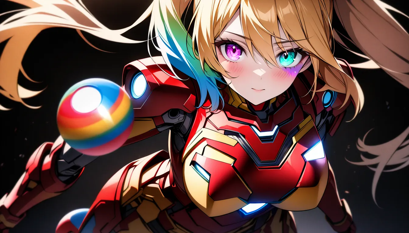 young woman、 (detailed eyes and face)、Optimal Configuration、golden hair, twin tails from above, (( Iron Man armor )), masterpiece, Highest quality, Full HD, 8k, very detailed, amazing graphics sitting floating in the air、beautiful breasts、Big Breasts、cowbo...