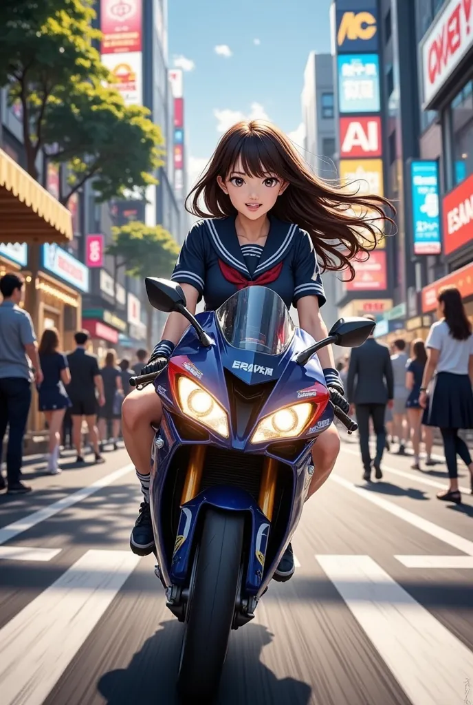  detailed RAW photos、 A age Japanese woman is riding a Honda Repsol MotoGP motorcycle ,  at high speed, hangs on, and turns at high speed at the Shibuya scramble crossing, Young Glossy Skin , Medium bust, long hair fluttering in the wind、Wearing a dark blu...