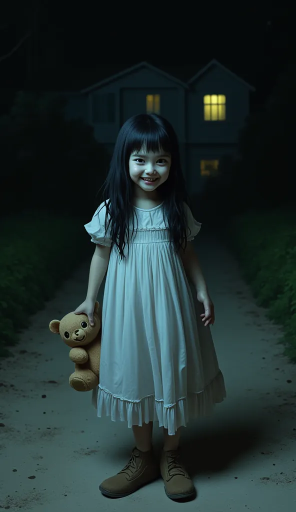 The ghost of a scary smiling girl, , with long black hair, wearing an old white dress, without white eyeballs, stands with an old teddy bear with one hand on a wide dirt road. The background is a Thai house, dark night, the atmosphere is like a horror movi...