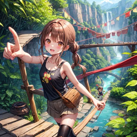 pink brown brown gold hair、 eye、  Has hair tied  、Two cute people、 check miniskirt、  black t-shirt、 Light clothing、 tank top、 camisole、high socks、 Boots、 teeth inside、  The Road Is Crooked 、Mountain々、Stick together  、 bamboo forest、 chest pocket  、rock sal...